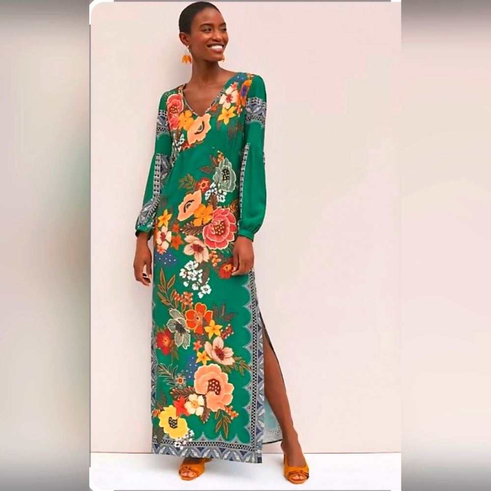 Anthropologie Floral Green Maxi Dress